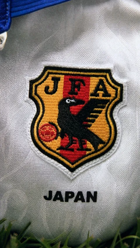 Foto de muestra: detalle del escudo bordado de una camiseta de fútbol sobre el pasto