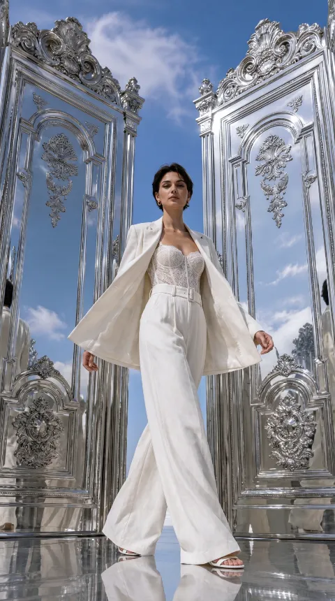 Imagen de muestra generada con IA: modelo con traje blanco entre puertas plateadas bajo el cielo